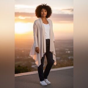 Jessica London 14/16 Cardigan Sweater Waterfall Ribbed Top Cream Beige Open NWOT